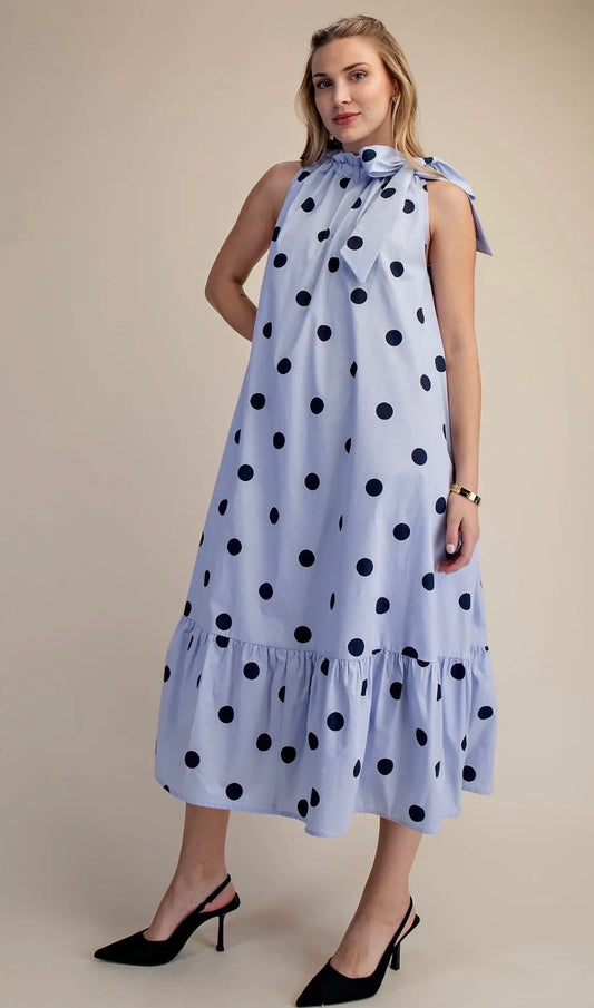 Ruffle Neck Tie Sleeveless Polka Dot Midi Dress