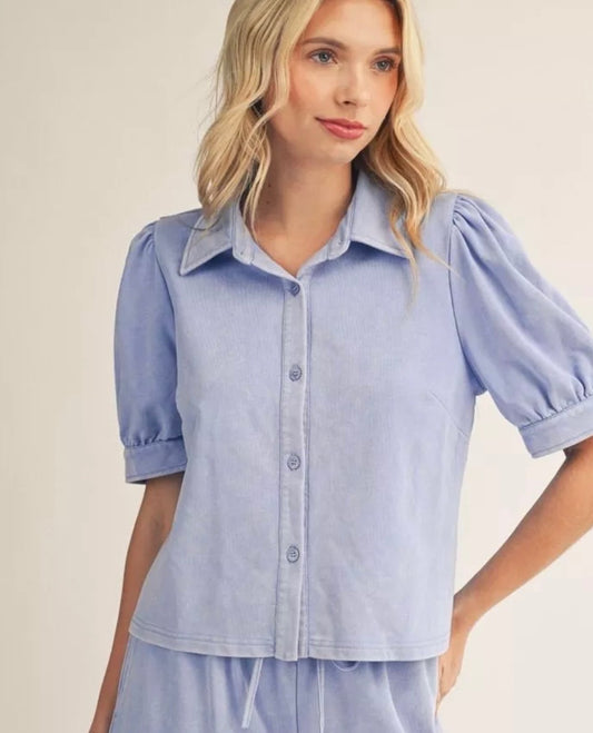 Baby Blue Collared Puff Sleeve Sweater Top