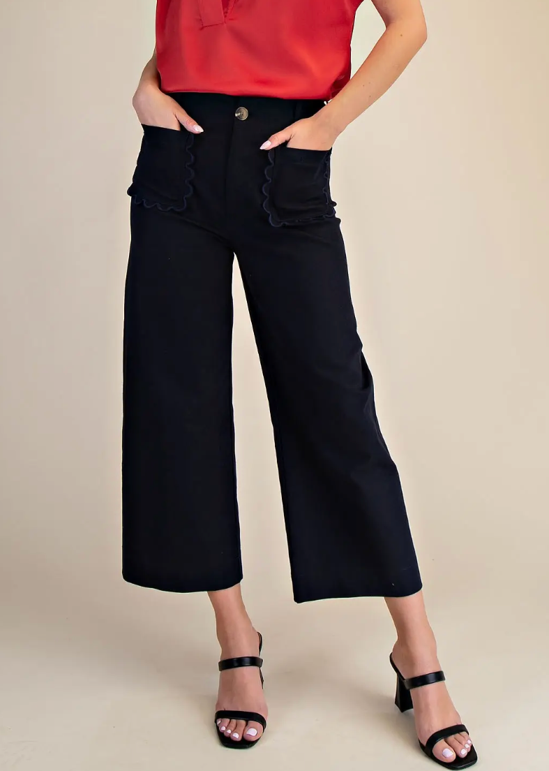 Navy Cropped Wide-Leg Scallop Pocket Pants