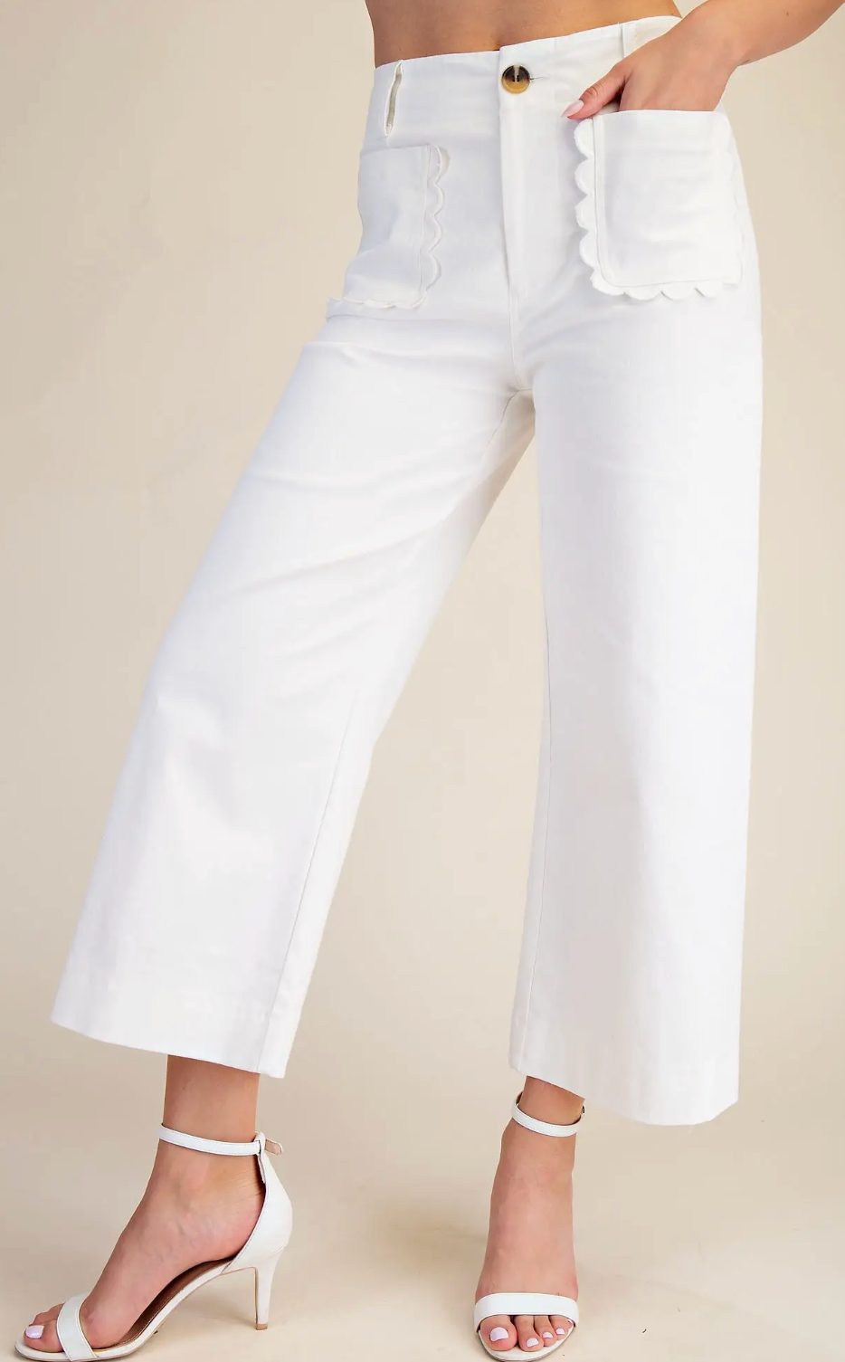 White Cropped Wide-Leg Scallop Pocket Pants