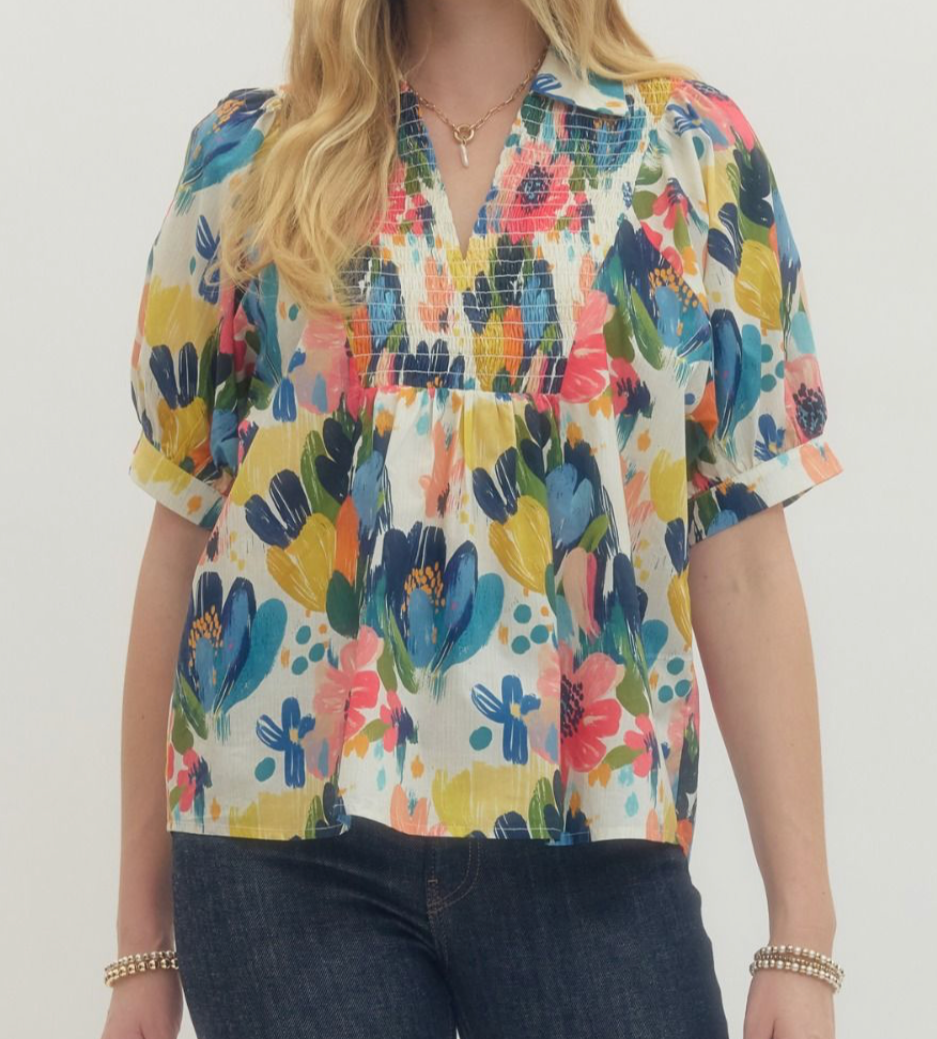 Floral Print Puff Short Sleeve Top