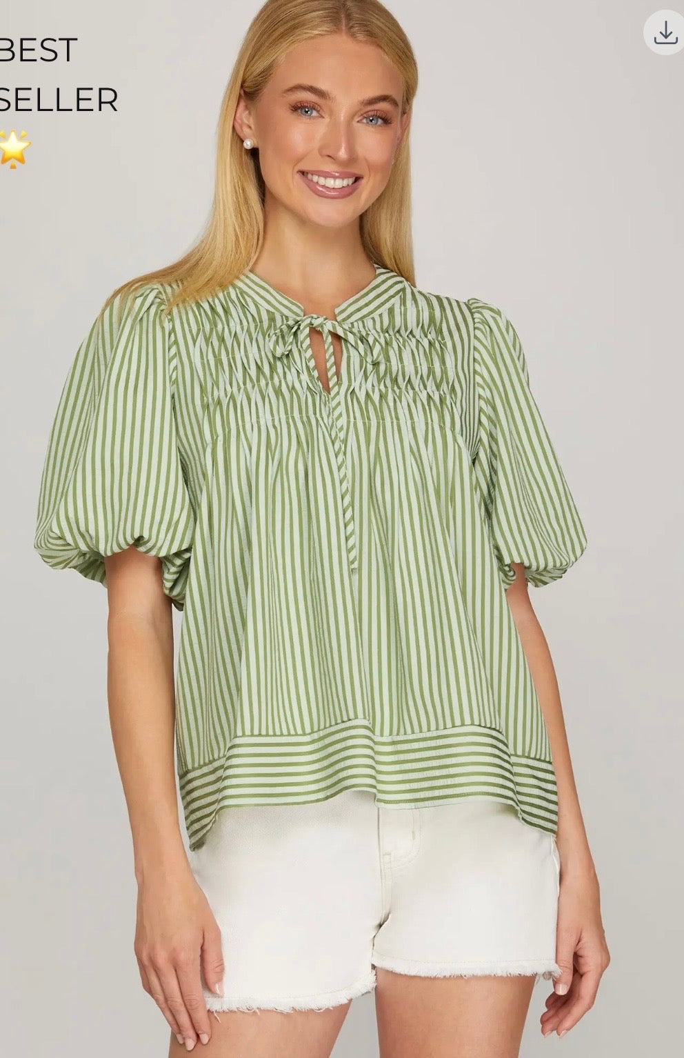 Green Puff Sleeve Pinstripe Blouse With Neck Tie