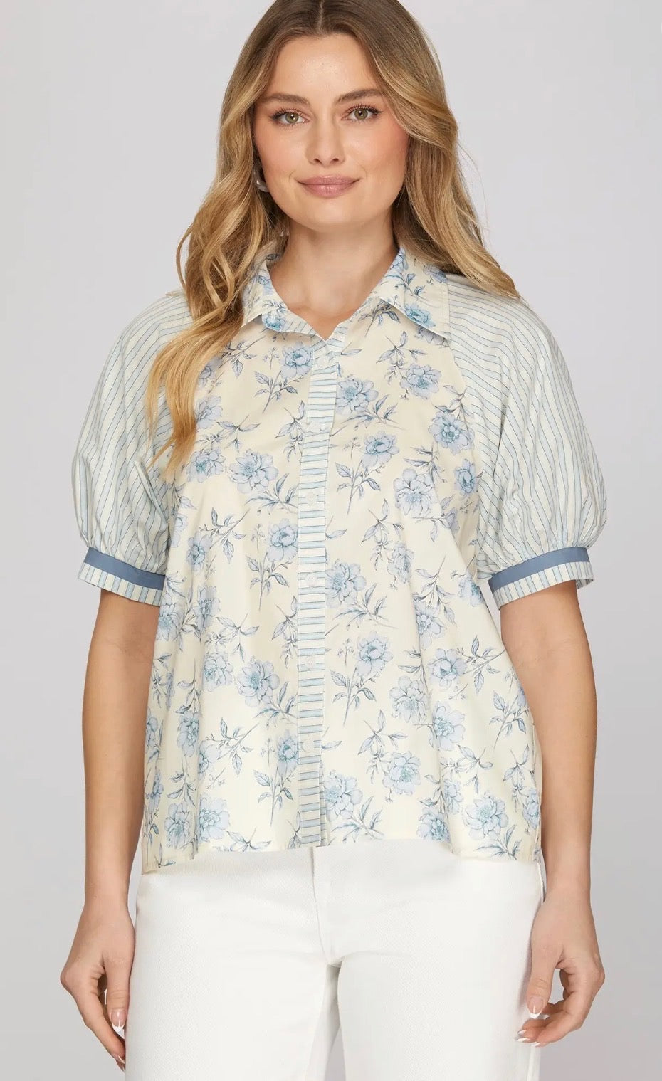 Short Sleeve Button Down Printed Top