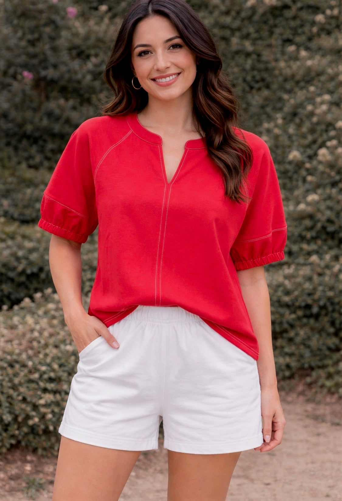 Red Puff Sleeve Blouse With White Stitching Detail