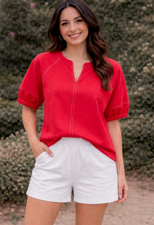 Red Puff Sleeve Blouse With White Stitching Detail