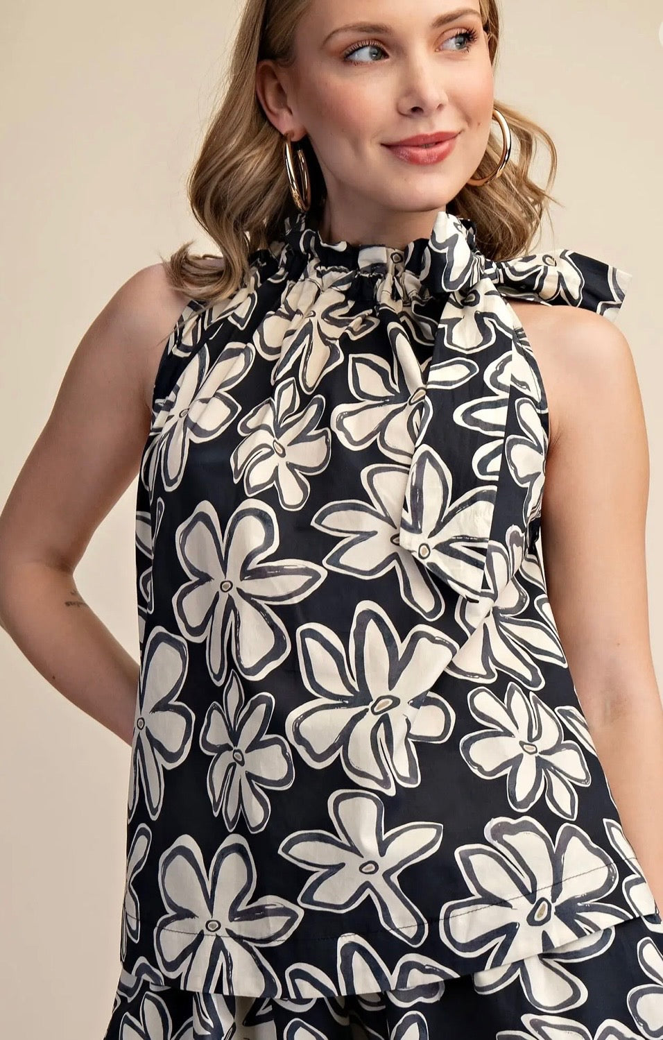 Floral Ruffle Tie Neck Sleeveless Blouse