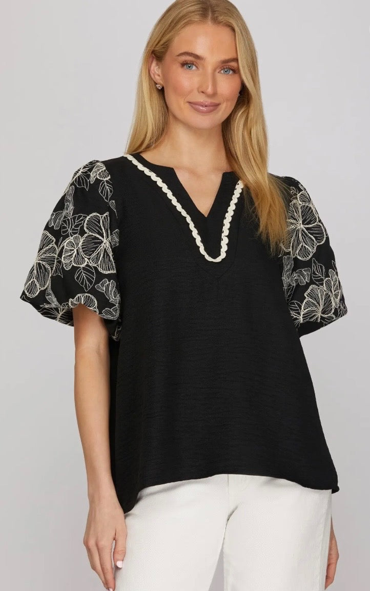 Embroidered Puff Sleeve Blouse