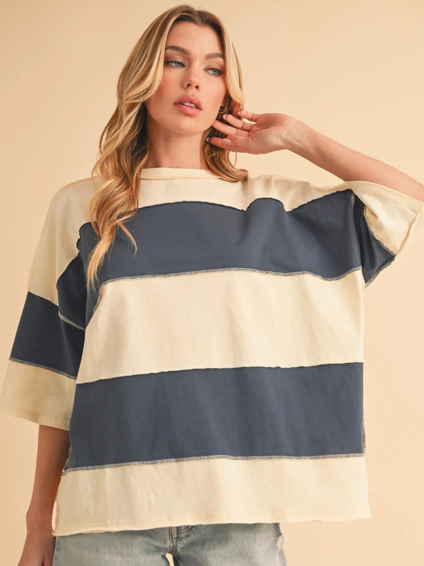 Navy And Cream Striped Oversized Top