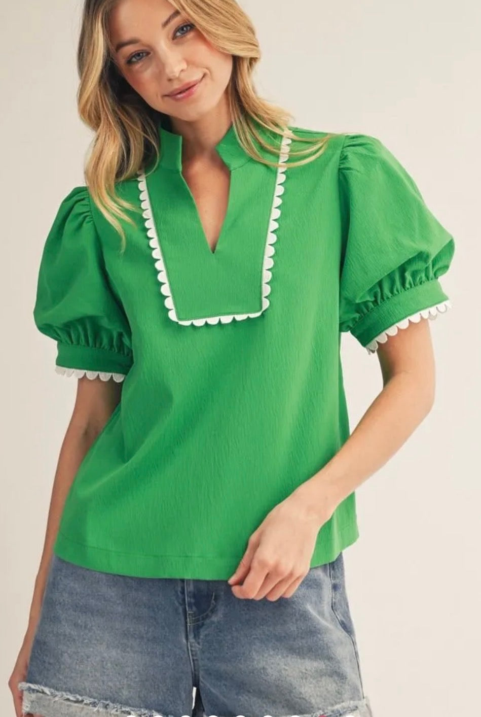 Green Puff Sleeve Crinkle Fabric Top