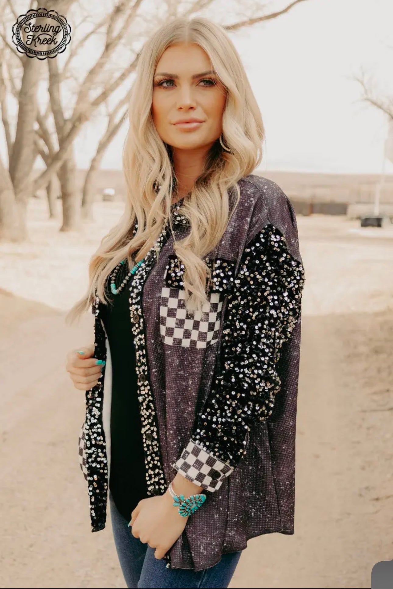 checkered sequin button up
