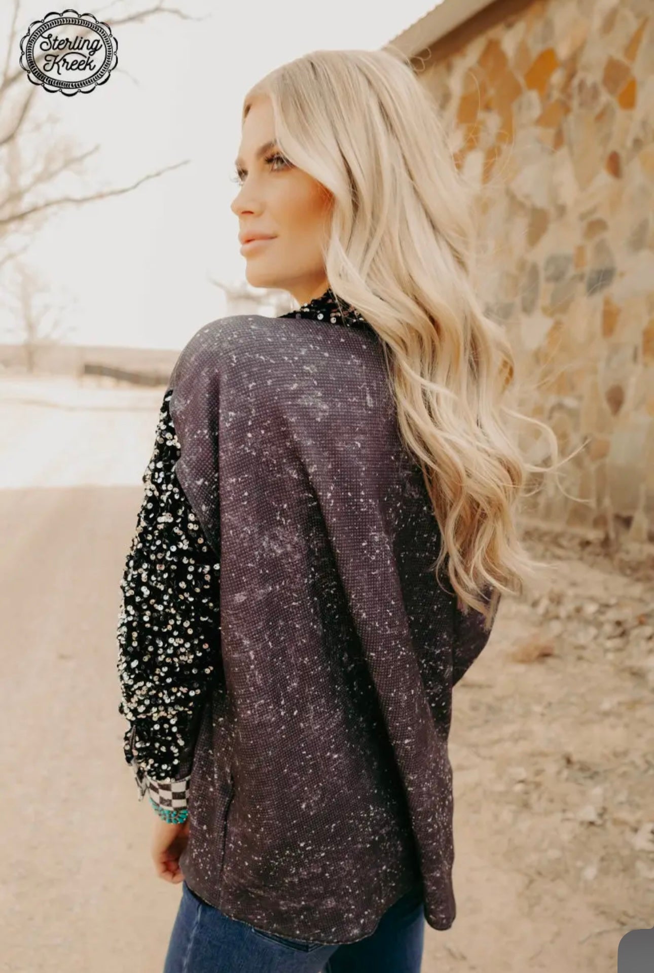 checkered sequin button up