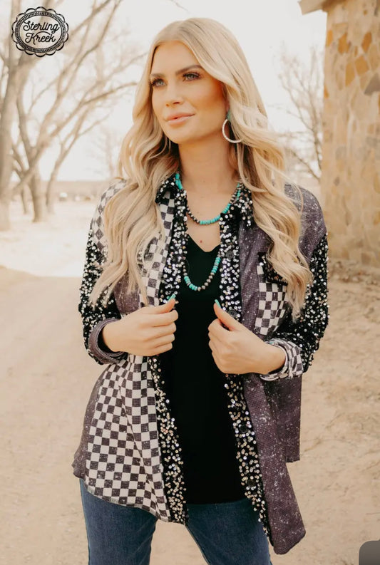 checkered sequin button up