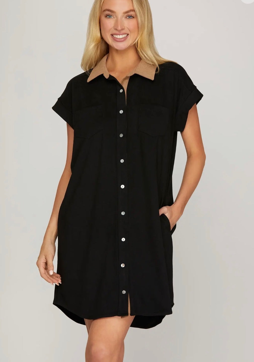 12 Suede Mini Shirt Dress With Contrast Collar