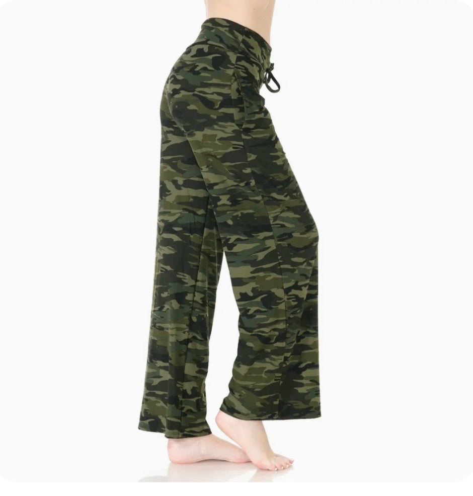 Green Camo Buttery Soft Wide Leg Pants w/ Drawstring